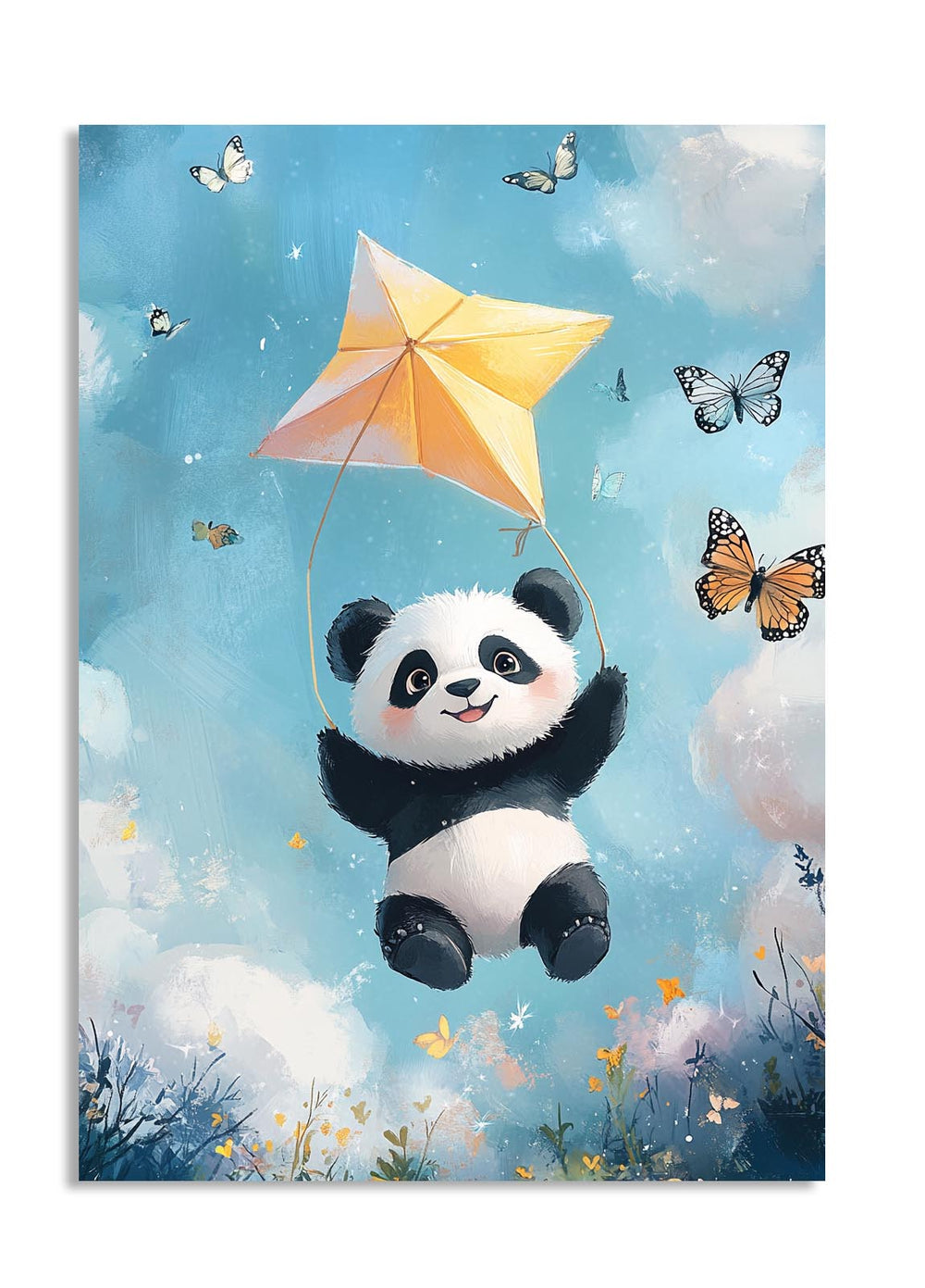 Illustration of a panda holding a yellow kite with butterflies and flowers in the background, as a premium aluminum metal print from GoMetalPrint.