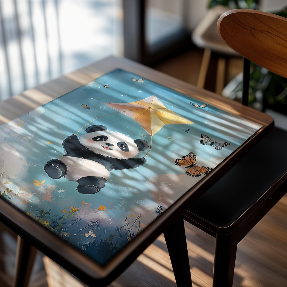 Illustration of a panda holding a yellow kite with butterflies and flowers in the background, as a premium aluminum metal print from GoMetalPrint.