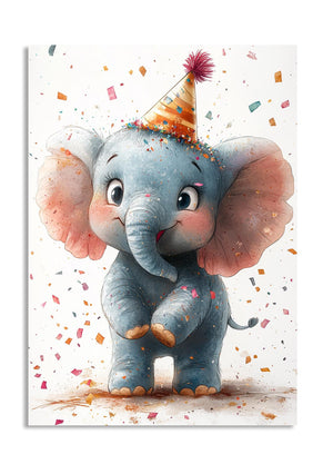 Illustration of a cute elephant wearing a party hat with confetti on a white background, as a premium aluminum metal print from GoMetalPrint.

