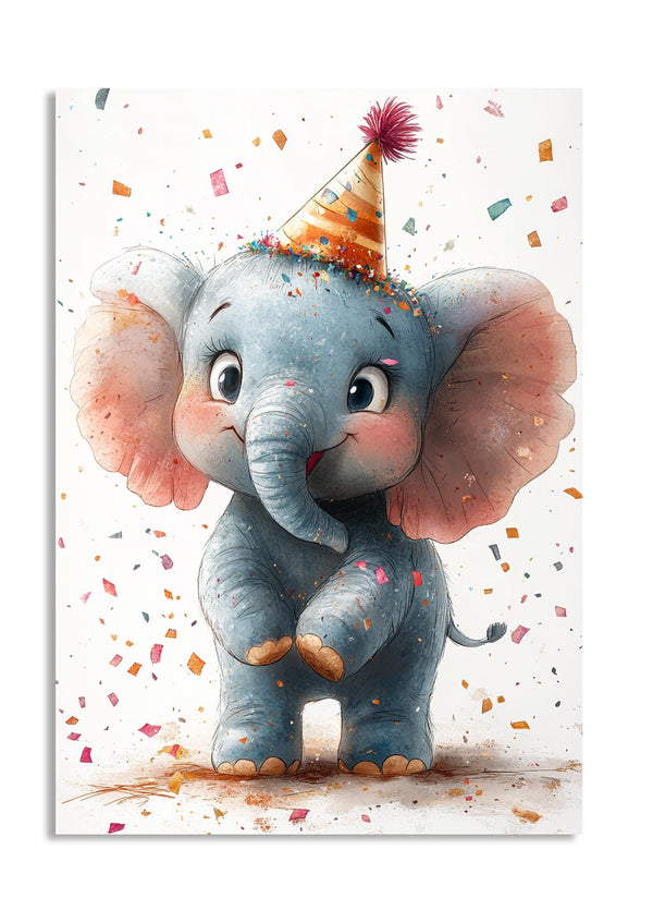 Illustration of a cute elephant wearing a party hat with confetti on a white background, as a premium aluminum metal print from GoMetalPrint.
