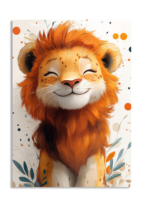 Cartoon lion face with floral elements on a light background, as a premium aluminum metal print from GoMetalPrint.