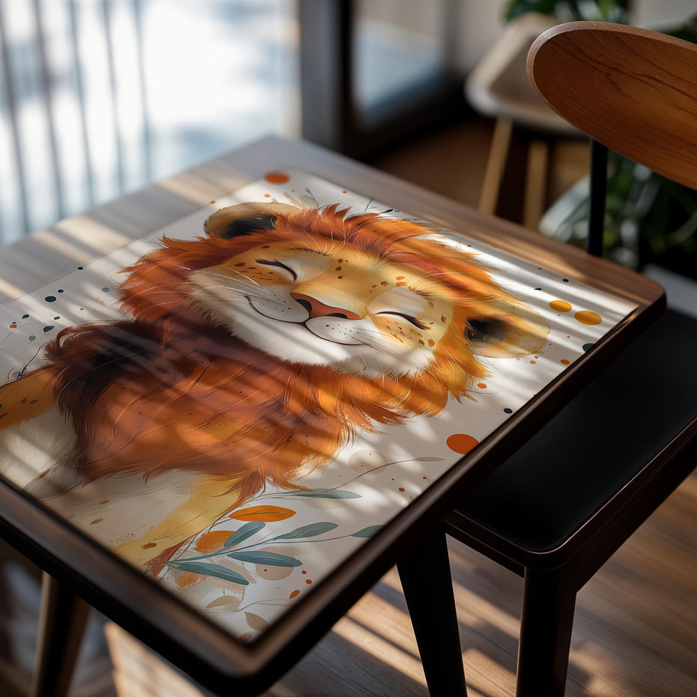 Cartoon lion face with floral elements on a light background, as a premium aluminum metal print from GoMetalPrint.