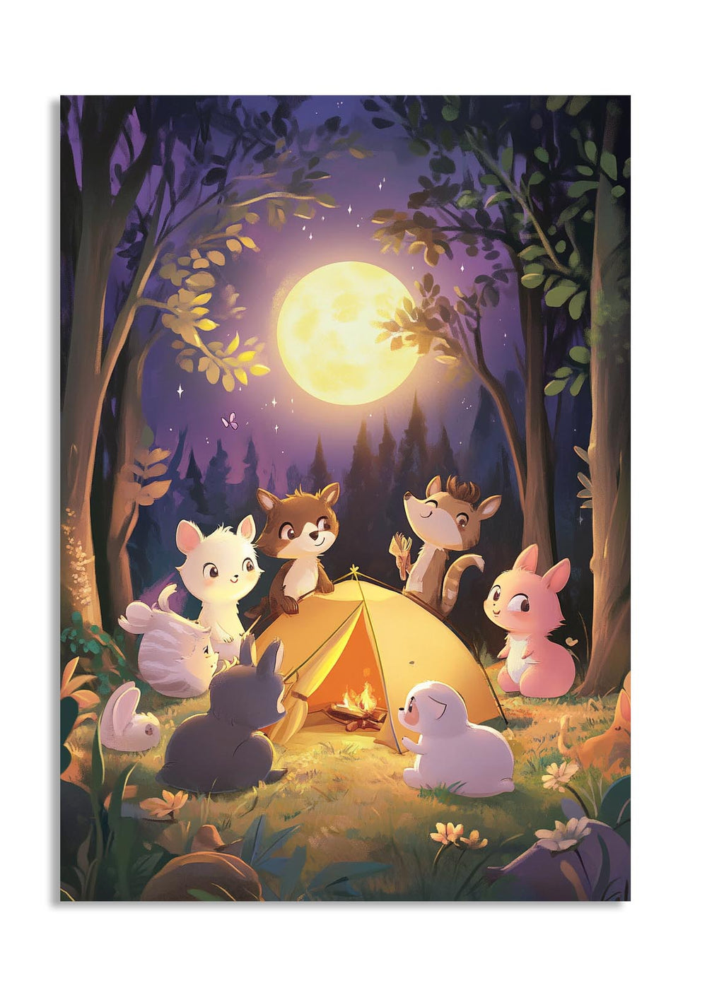Illustration of animals around a campfire under a full moon in a forest, as a premium aluminum metal print from GoMetalPrint.