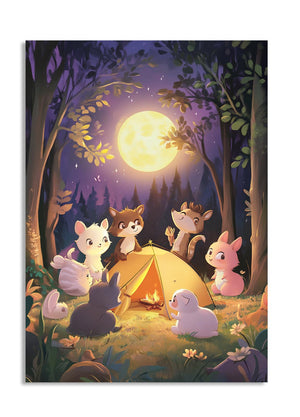 Illustration of animals around a campfire under a full moon in a forest, as a premium aluminum metal print from GoMetalPrint.