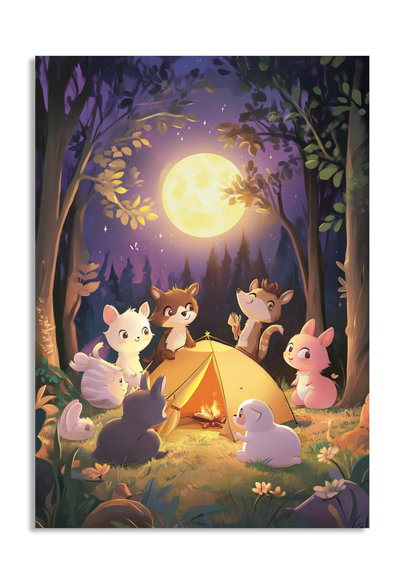 Illustration of animals around a campfire under a full moon in a forest, as a premium aluminum metal print from GoMetalPrint.