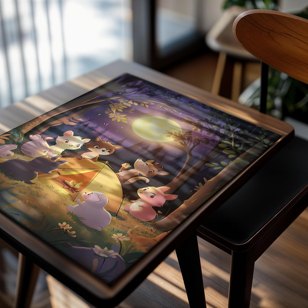 Illustration of animals around a campfire under a full moon in a forest, as a premium aluminum metal print from GoMetalPrint.