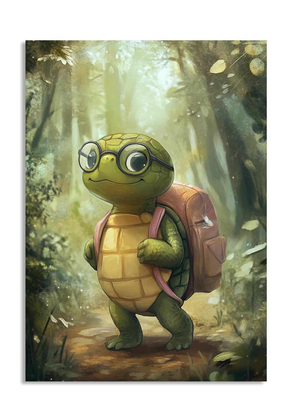 Cartoon turtle with glasses and a backpack in a forest setting, as a premium aluminum metal print from GoMetalPrint.