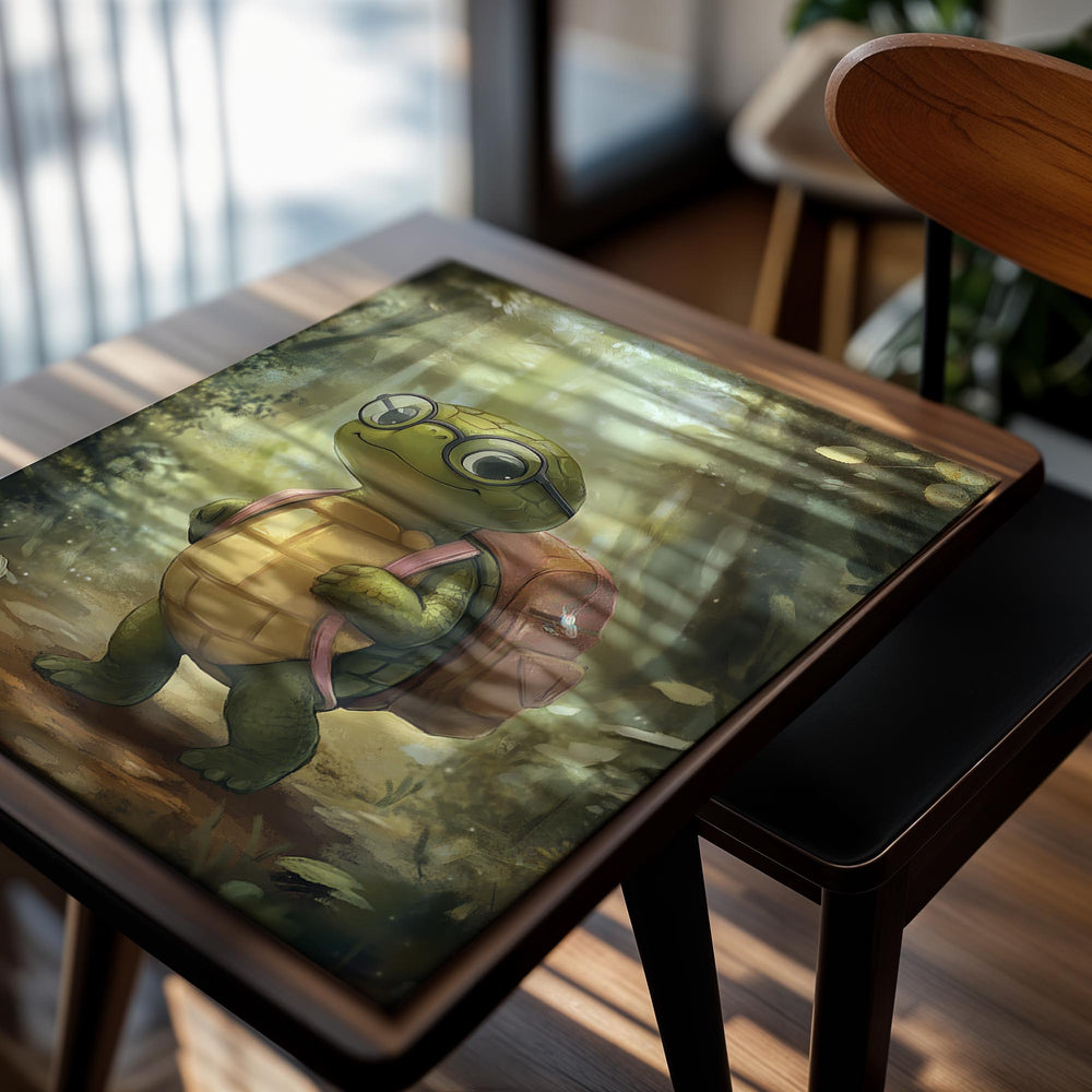 Cartoon turtle with glasses and a backpack in a forest setting, as a premium aluminum metal print from GoMetalPrint.
