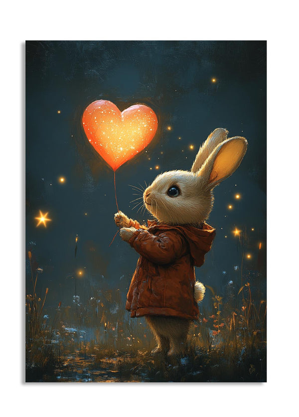 Illustration of a rabbit holding a heart-shaped balloon against a dark background with stars, as a premium aluminum metal print from GoMetalPrint.