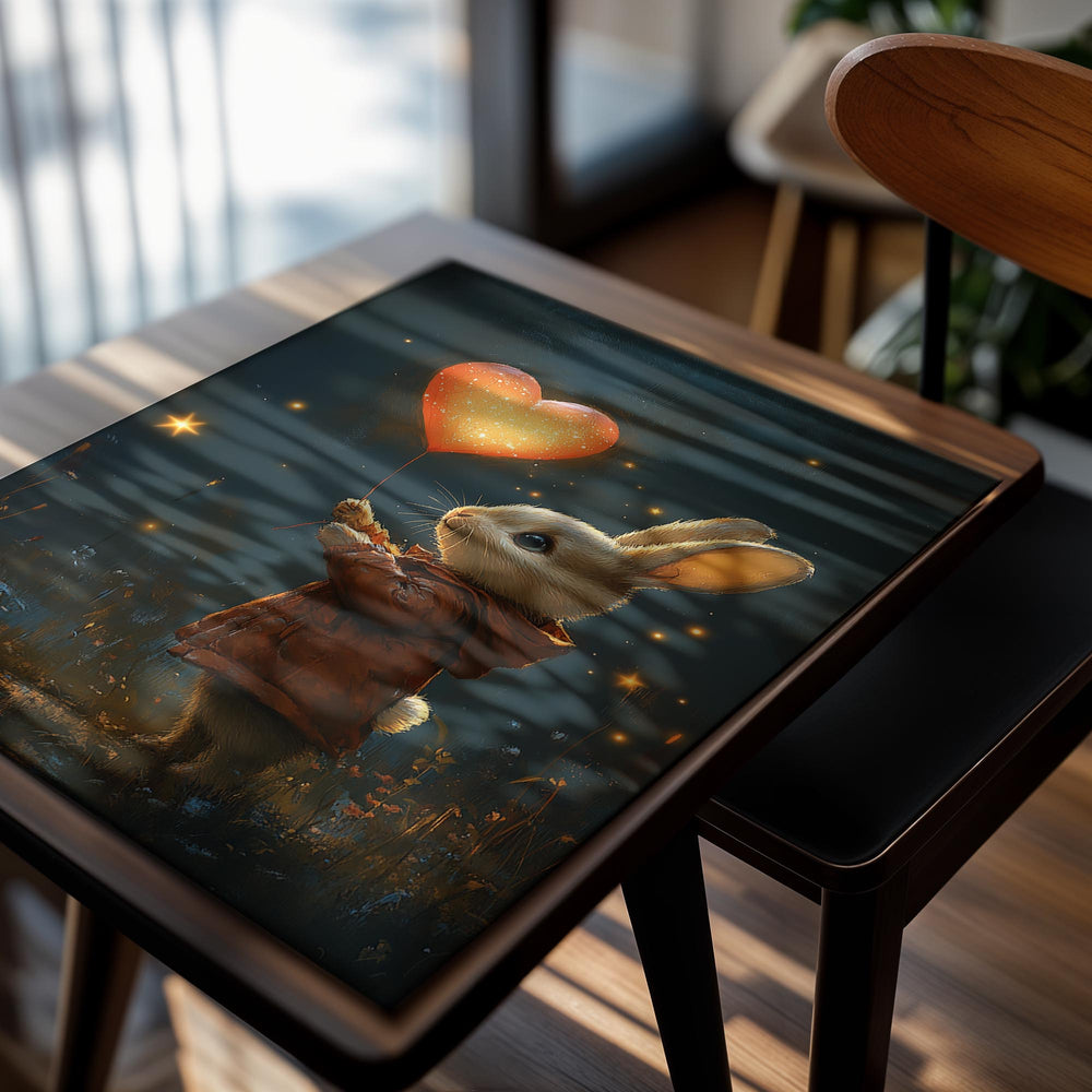Illustration of a rabbit holding a heart-shaped balloon against a dark background with stars, as a premium aluminum metal print from GoMetalPrint.
