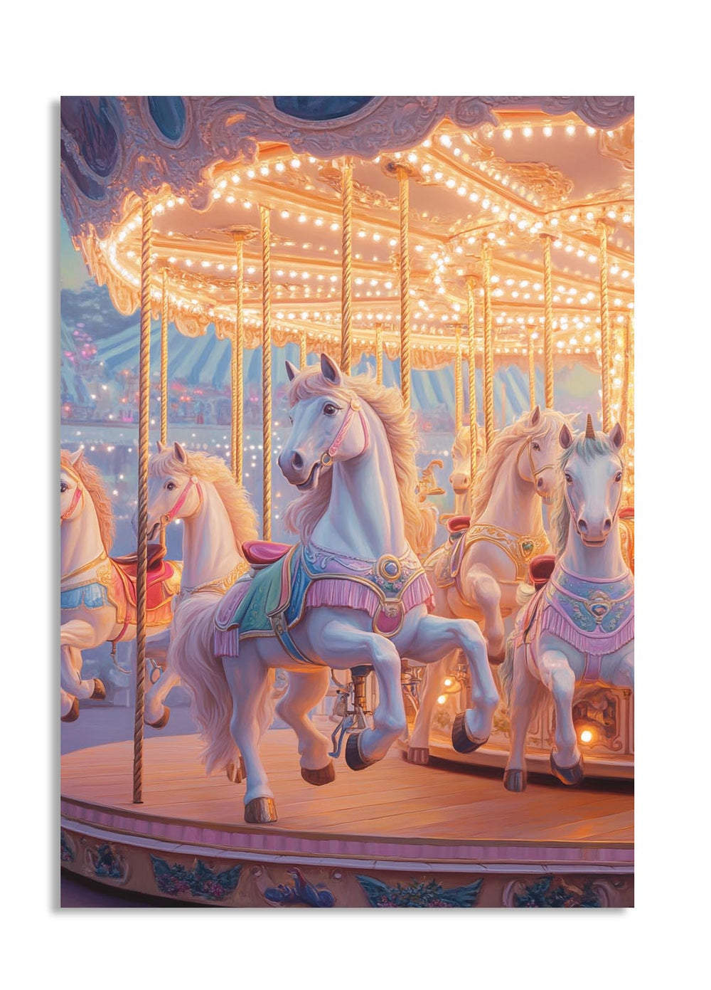 Carrousel with colorful horses at night, as a premium aluminum metal print from GoMetalPrint.