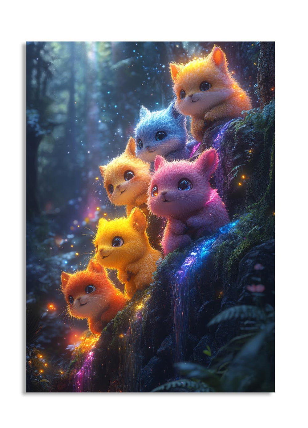 Colorful cartoon cats on a forest background, as a premium aluminum metal print from GoMetalPrint.