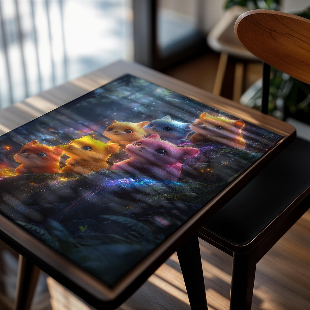 Colorful cartoon cats on a forest background, as a premium aluminum metal print from GoMetalPrint.