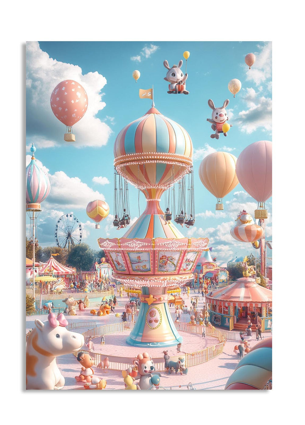 Colorful carousel with hot air balloons and cartoon characters in an amusement park setting, as a premium aluminum metal print from GoMetalPrint.