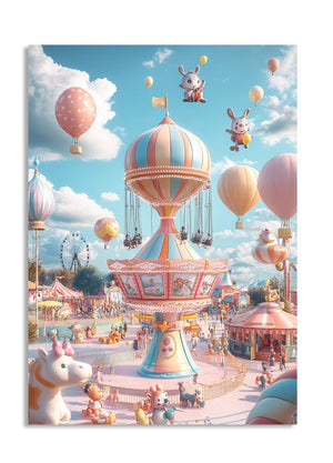 Colorful carousel with hot air balloons and cartoon characters in an amusement park setting, as a premium aluminum metal print from GoMetalPrint.