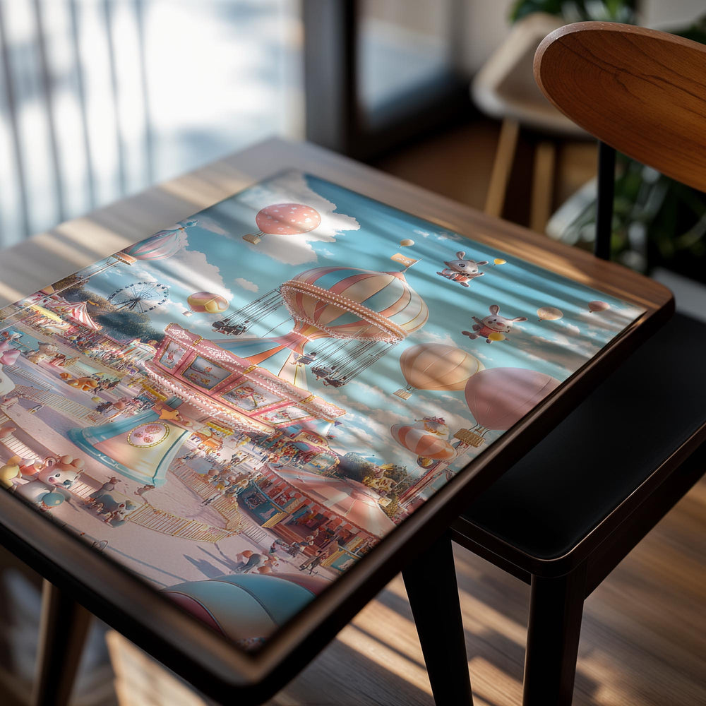 Colorful carousel with hot air balloons and cartoon characters in an amusement park setting, as a premium aluminum metal print from GoMetalPrint.