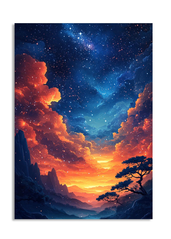 Scenic artwork of a starry sky with orange clouds and a tree, set against a mountainous landscape, as a premium aluminum metal print from GoMetalPrint.