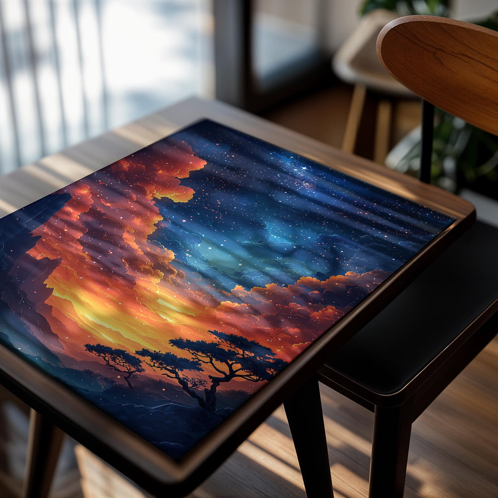 Scenic artwork of a starry sky with orange clouds and a tree, set against a mountainous landscape, as a premium aluminum metal print from GoMetalPrint.