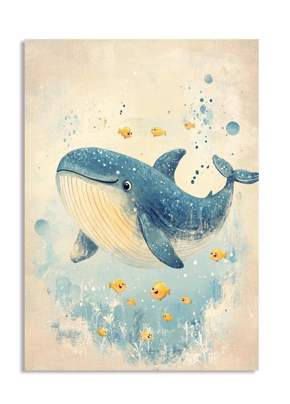 Illustration of a whale and fish on a textured background, as a premium aluminum metal print from GoMetalPrint.