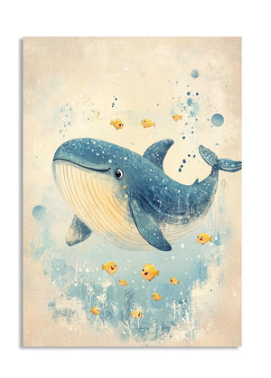 Illustration of a whale and fish on a textured background, as a premium aluminum metal print from GoMetalPrint.