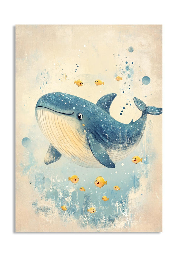 Illustration of a whale and fish on a textured background, as a premium aluminum metal print from GoMetalPrint.