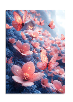 Fantasy scene with pink butterflies and flowers on a blue background, as a premium aluminum metal print from GoMetalPrint.