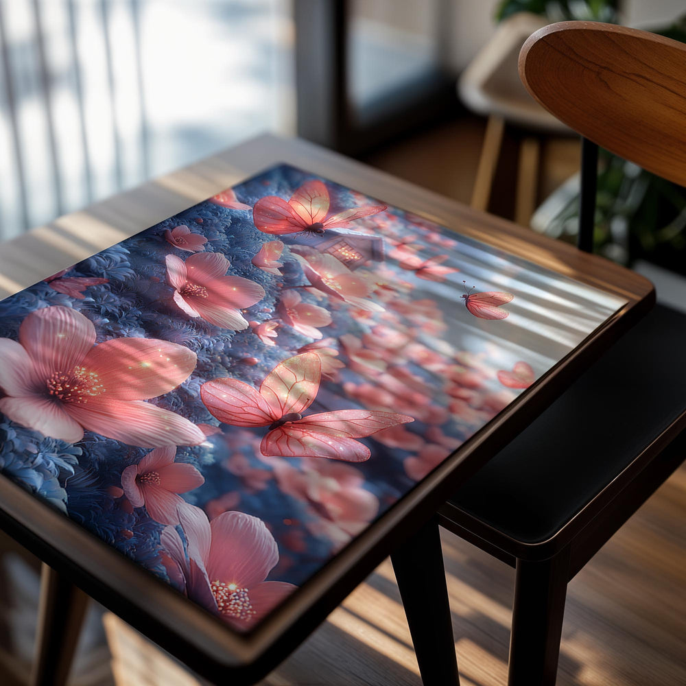 Fantasy scene with pink butterflies and flowers on a blue background, as a premium aluminum metal print from GoMetalPrint.