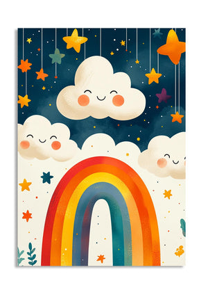 Cartoonish rainbow and clouds with stars on a blue background, as a premium aluminum metal print from GoMetalPrint.