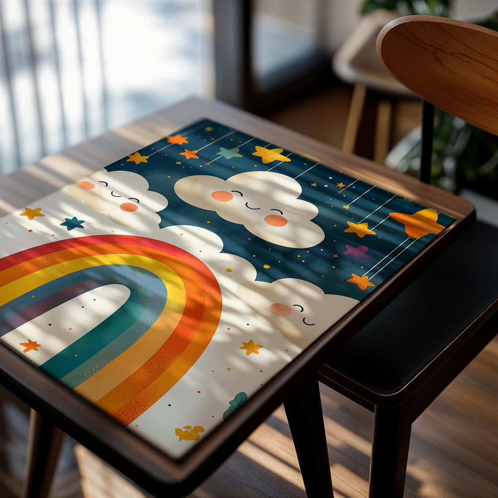 Cartoonish rainbow and clouds with stars on a blue background, as a premium aluminum metal print from GoMetalPrint.