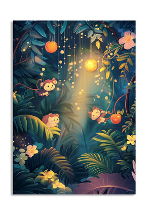 Illustration of a magical forest with glowing lanterns and animals among the trees, as a premium aluminum metal print from GoMetalPrint.
