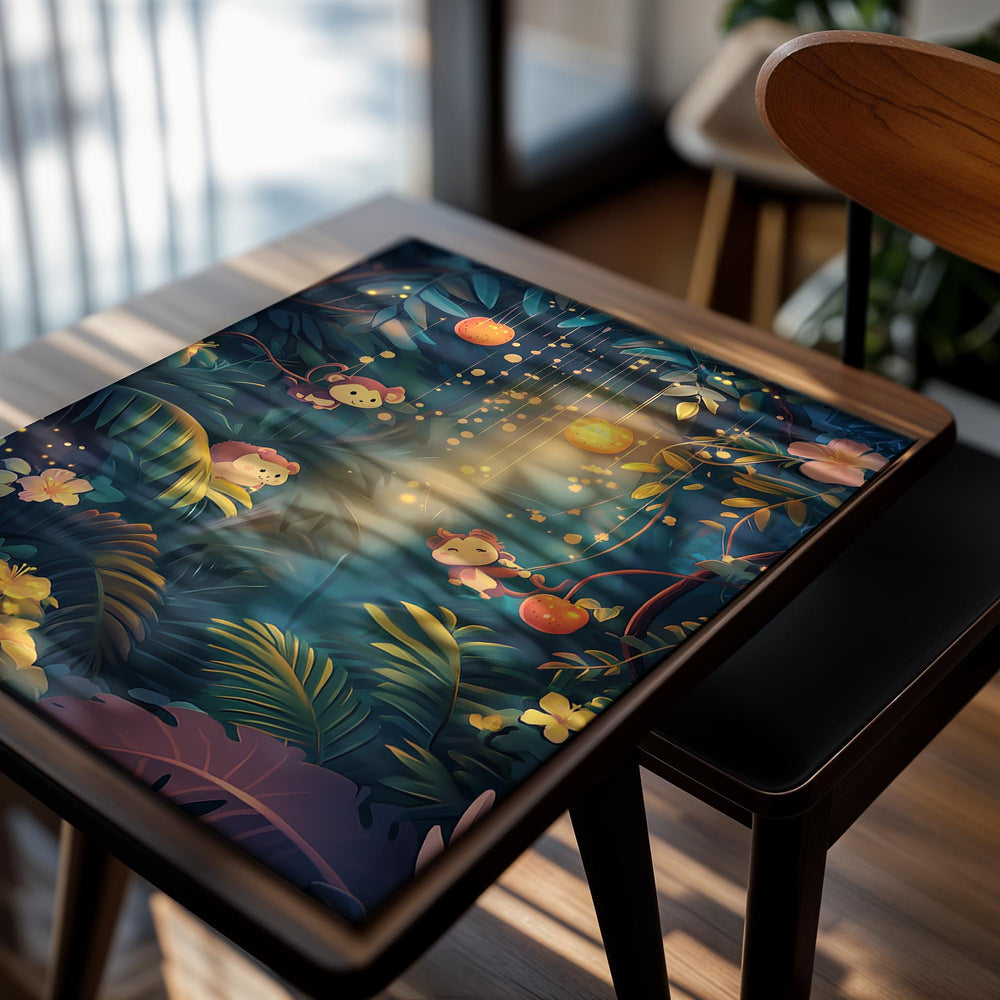 Illustration of a magical forest with glowing lanterns and animals among the trees, as a premium aluminum metal print from GoMetalPrint.