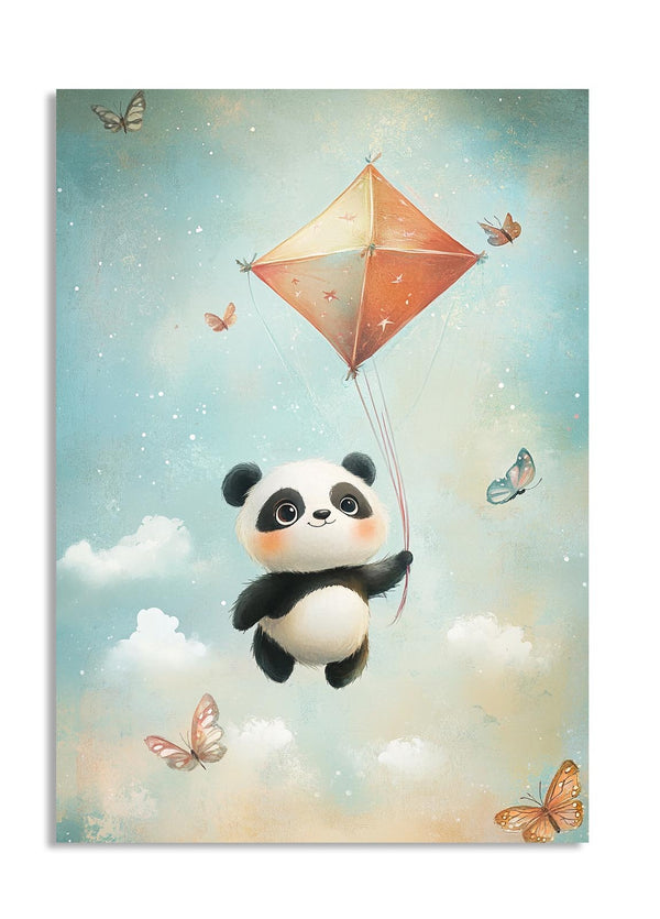 Illustration of a panda holding a kite with butterflies in the sky, as a premium aluminum metal print from GoMetalPrint.