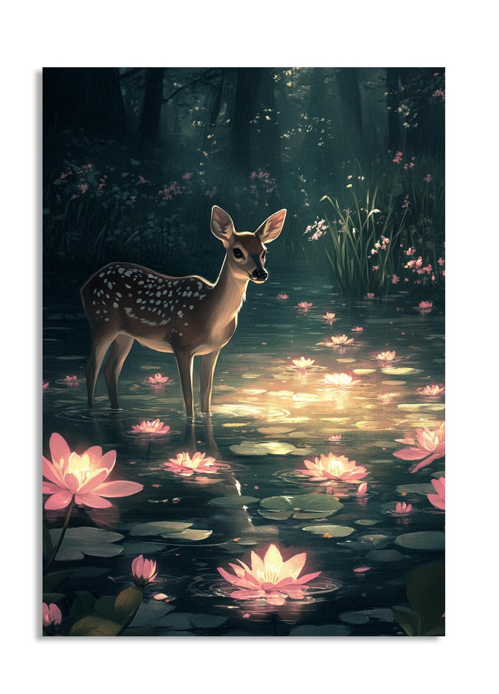 Deer standing in a pond with glowing pink water lilies in a dark forest setting, as a premium aluminum metal print from GoMetalPrint.