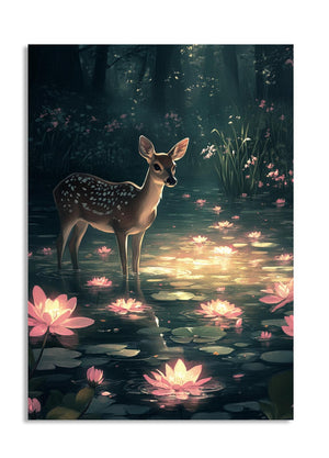 Deer standing in a pond with glowing pink water lilies in a dark forest setting, as a premium aluminum metal print from GoMetalPrint.