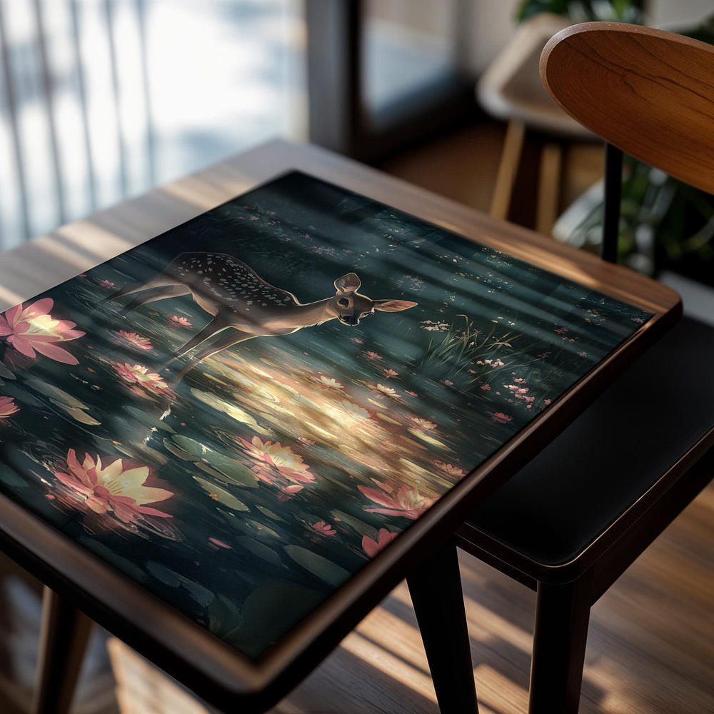 Deer standing in a pond with glowing pink water lilies in a dark forest setting, as a premium aluminum metal print from GoMetalPrint.