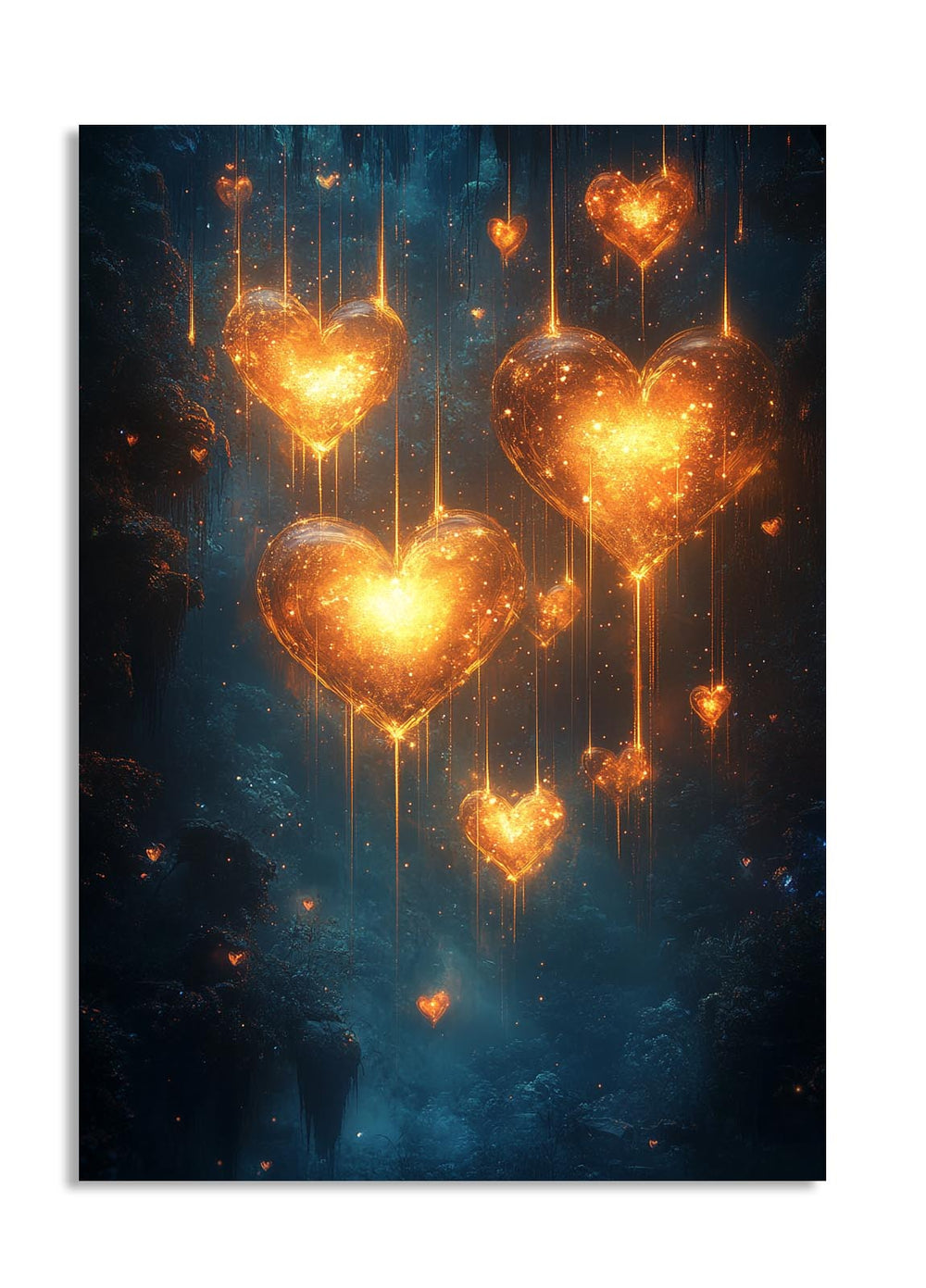 Artistic depiction of glowing golden hearts against a dark, starry background, as a premium aluminum metal print from GoMetalPrint.