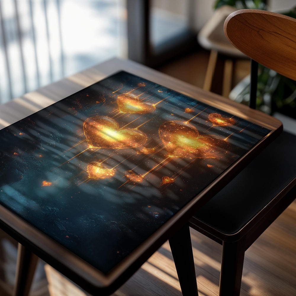 Artistic depiction of glowing golden hearts against a dark, starry background, as a premium aluminum metal print from GoMetalPrint.