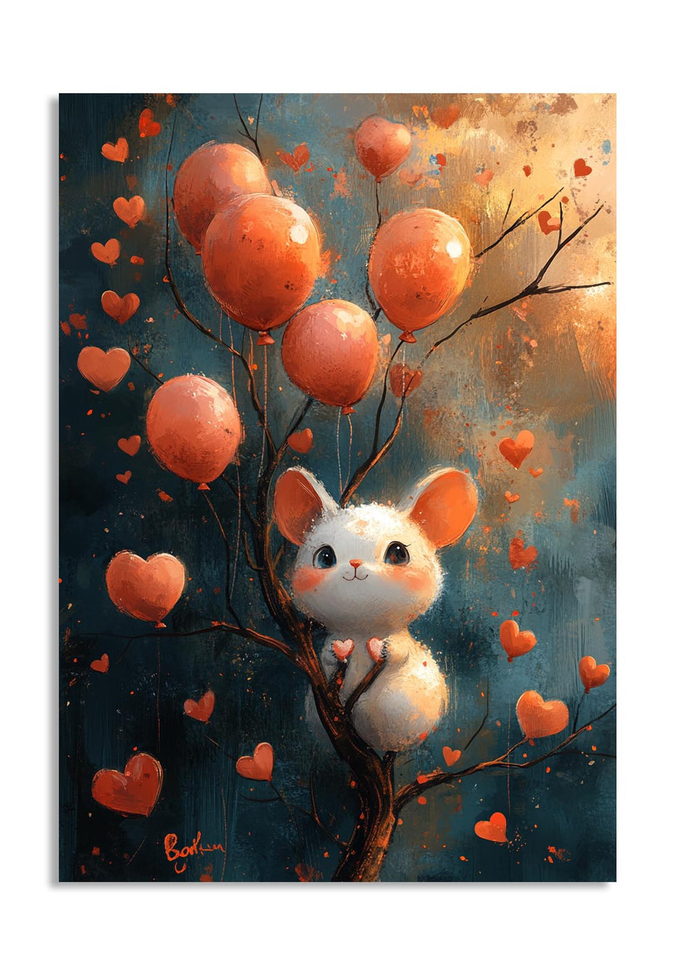 Illustration of a cute cat surrounded by balloons and hearts on a dark background, as a premium aluminum metal print from GoMetalPrint.