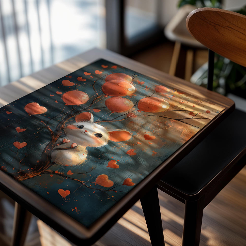 Illustration of a cute cat surrounded by balloons and hearts on a dark background, as a premium aluminum metal print from GoMetalPrint.