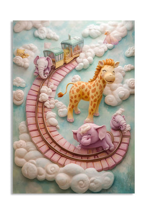 Children's illustration of a giraffe and pigs on a cloud track with a train, as a premium aluminum metal print from GoMetalPrint.