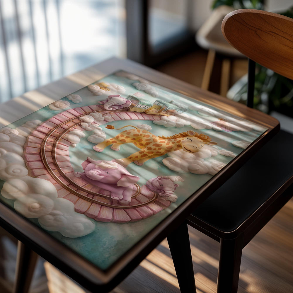 Children's illustration of a giraffe and pigs on a cloud track with a train, as a premium aluminum metal print from GoMetalPrint.