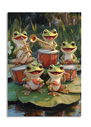 Illustration of frogs playing musical instruments on a lily pad, as a premium aluminum metal print from GoMetalPrint.