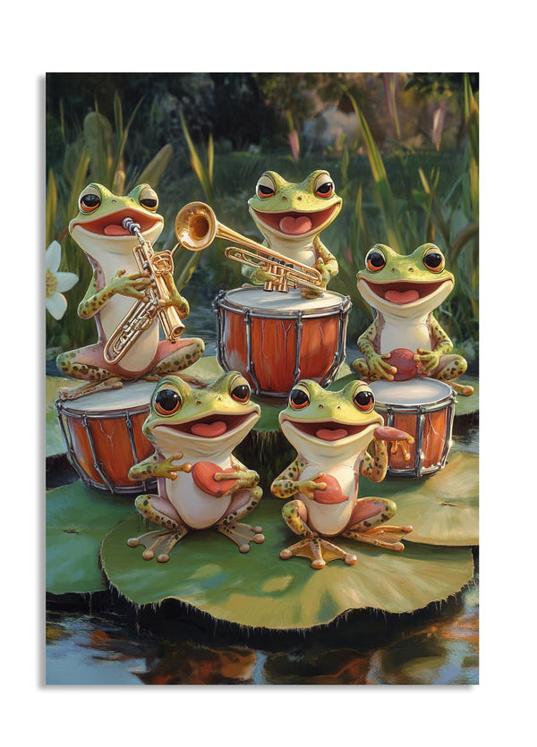 Illustration of frogs playing musical instruments on a lily pad, as a premium aluminum metal print from GoMetalPrint.