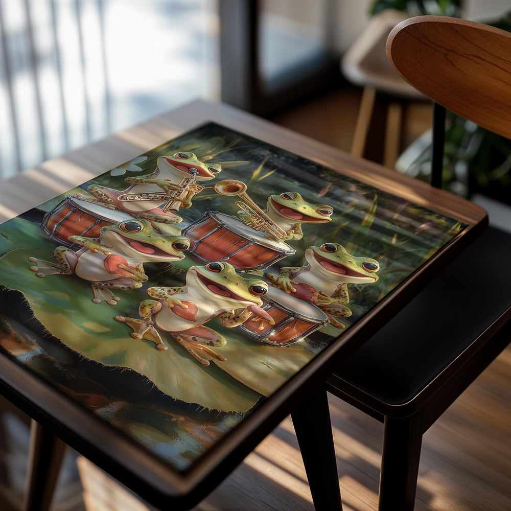 Illustration of frogs playing musical instruments on a lily pad, as a premium aluminum metal print from GoMetalPrint.