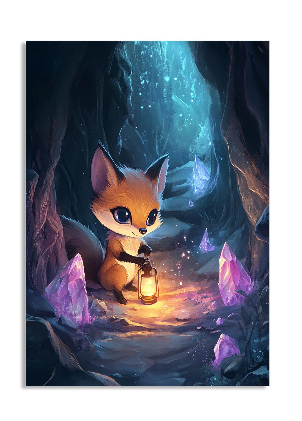 Illustration of a fox holding a lantern in a mystical cave with crystals, as a premium aluminum metal print from GoMetalPrint.