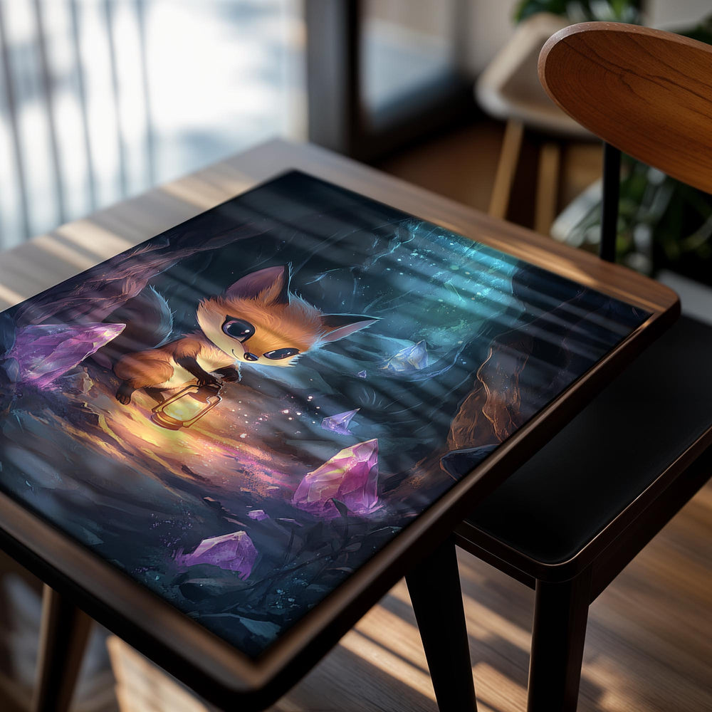 Illustration of a fox holding a lantern in a mystical cave with crystals, as a premium aluminum metal print from GoMetalPrint.