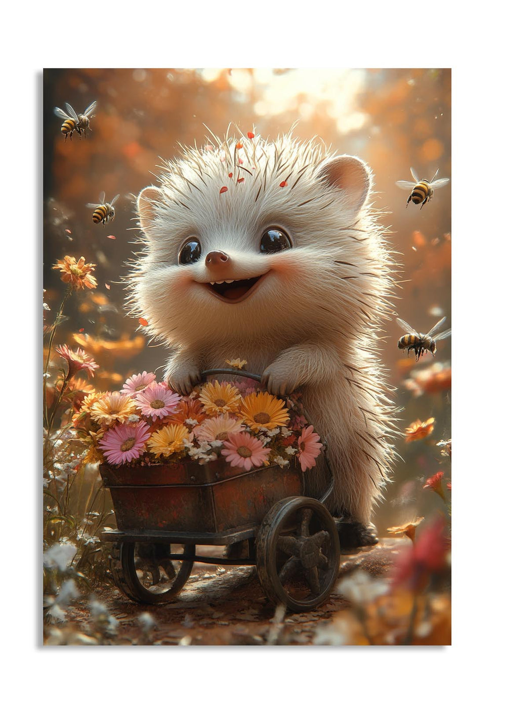Cartoon hedgehog with a wheelbarrow full of flowers in an autumn setting, as a premium aluminum metal print from GoMetalPrint.