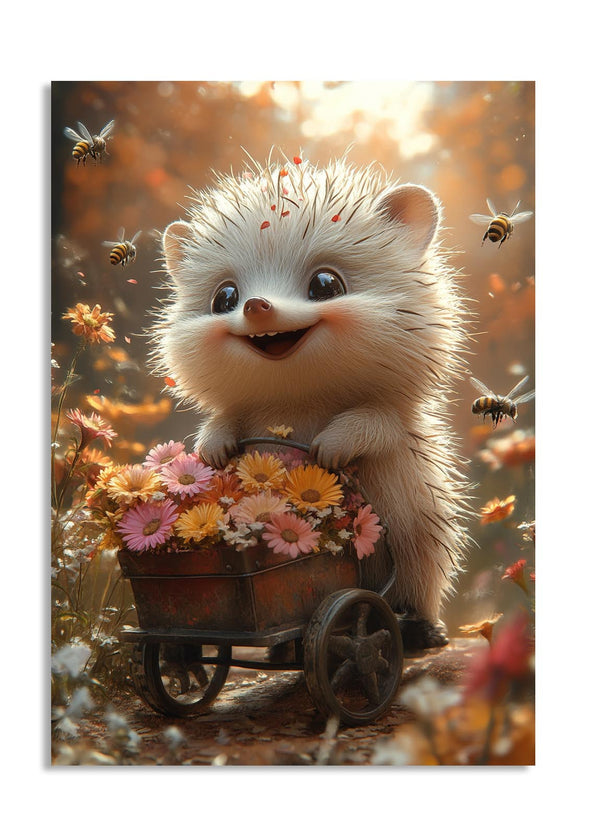Cartoon hedgehog with a wheelbarrow full of flowers in an autumn setting, as a premium aluminum metal print from GoMetalPrint.