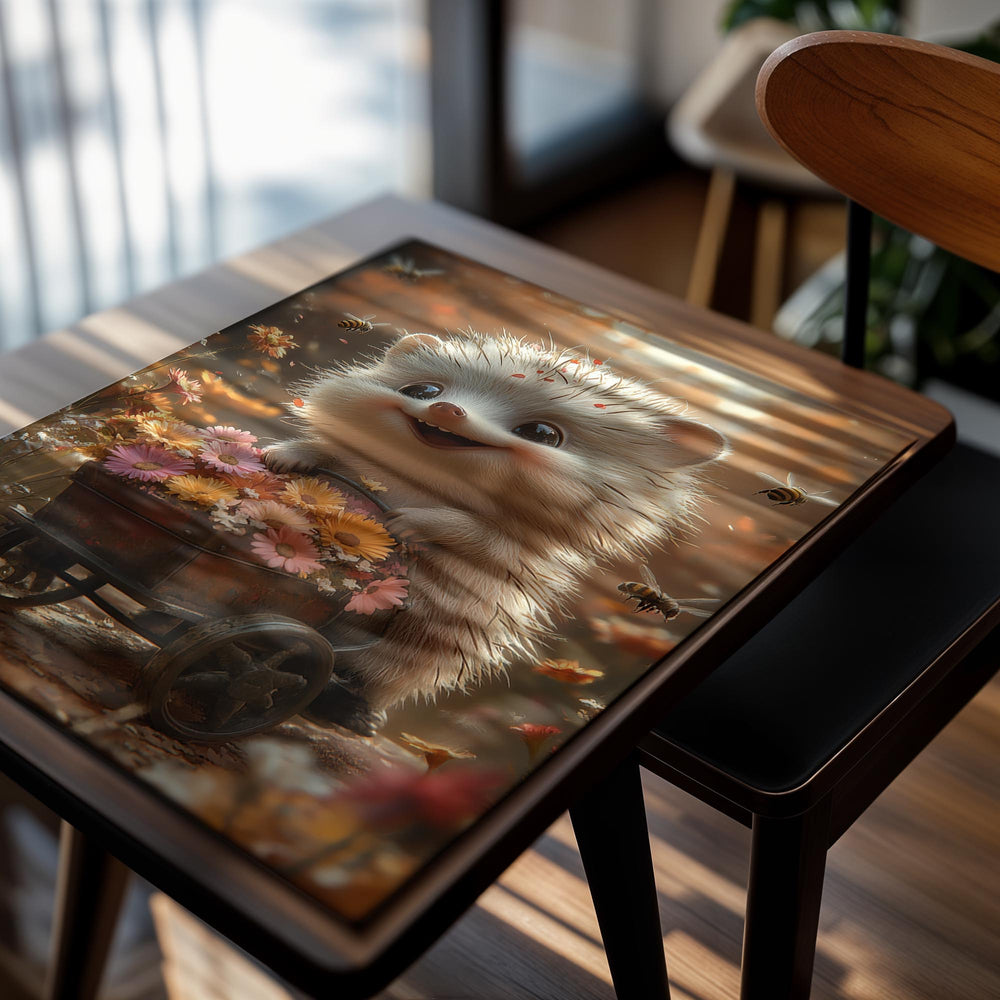 Cartoon hedgehog with a wheelbarrow full of flowers in an autumn setting, as a premium aluminum metal print from GoMetalPrint.