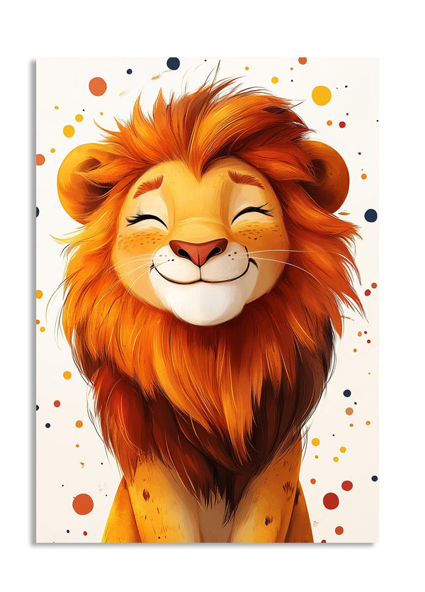 Cartoon lion face with closed eyes on a white background with colorful dots, as a premium aluminum metal print from GoMetalPrint.
